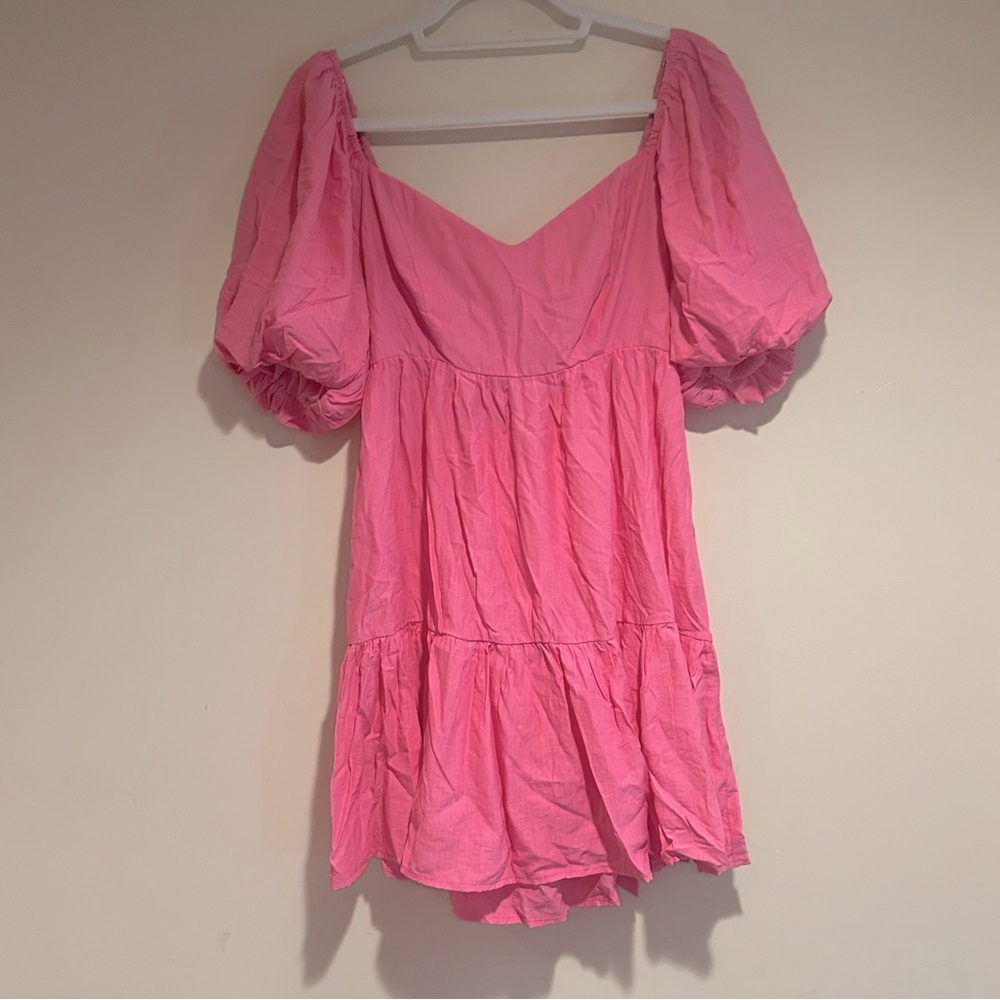 Flying Tomato Bright Pink Tie Back Puff Sleeve Mini Dress Sz Sm